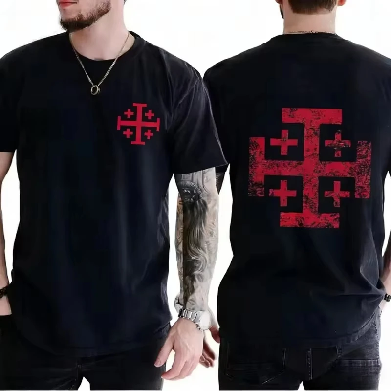Herren-T-Shirt mit Jerusalem-Kreuz und christlicher Grafik, Sommer 2026, Oversized Streetwear für Glaubensfans