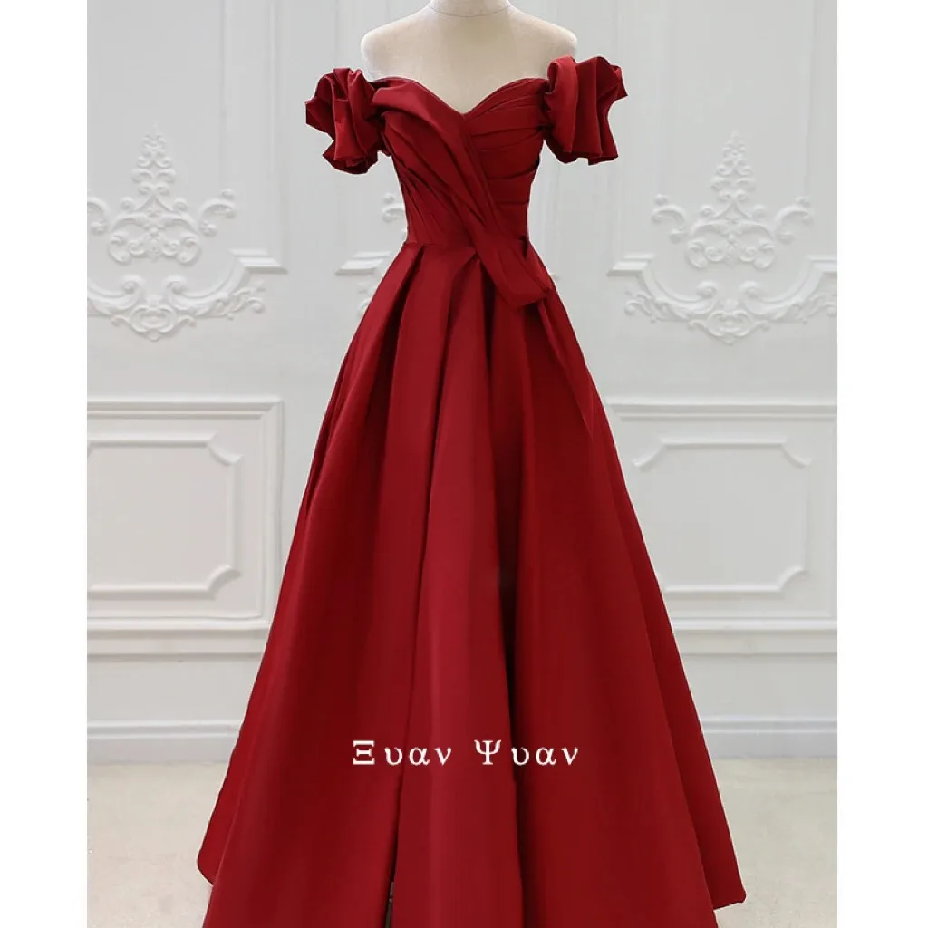 

New Satin Burgundy Cocktail Dress Pleated Off Shoulder Long Strapless Princess Banquet Bridal Wedding Party Prom Gown Plus Size