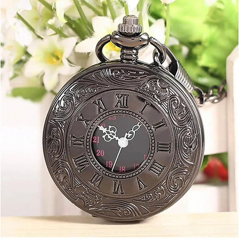 Fashion Quartz Pocket Watch Black Hollow Petal منحوتة مع سلسلة Steampunk Copper Fintage Black Series معلقة الساعات