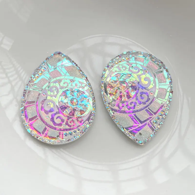 New universe 30*40mm teardrop heart resin Gem Cabochon Flat back sewn rhinestone raw beaded earrings 6 pieces /lot