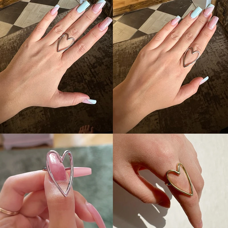Big Love Heart Shape Hollow Out Ring for Women Simple Fashion Personality Lady Party Jewelry for Girlfriend