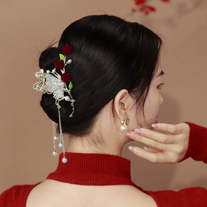 

Female Red Rose Flower Butterfly Tassel Alloy Hairpins Hair Claw for Women Hair Styling Tools Ladies Hair Clip New Headwear