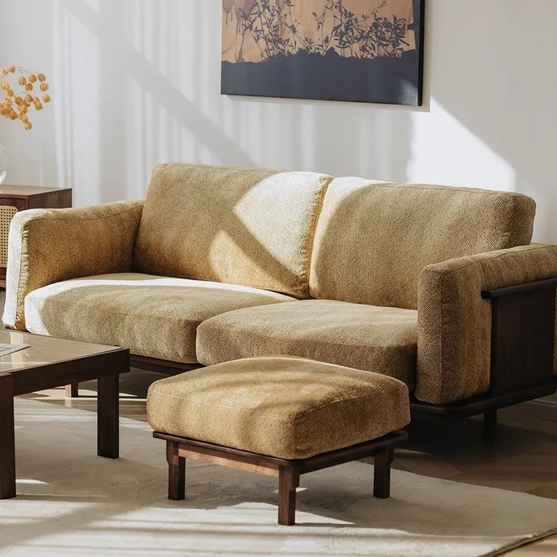 Sofa solid wood fabric three-person single living room style leisure chair solid wood sofa