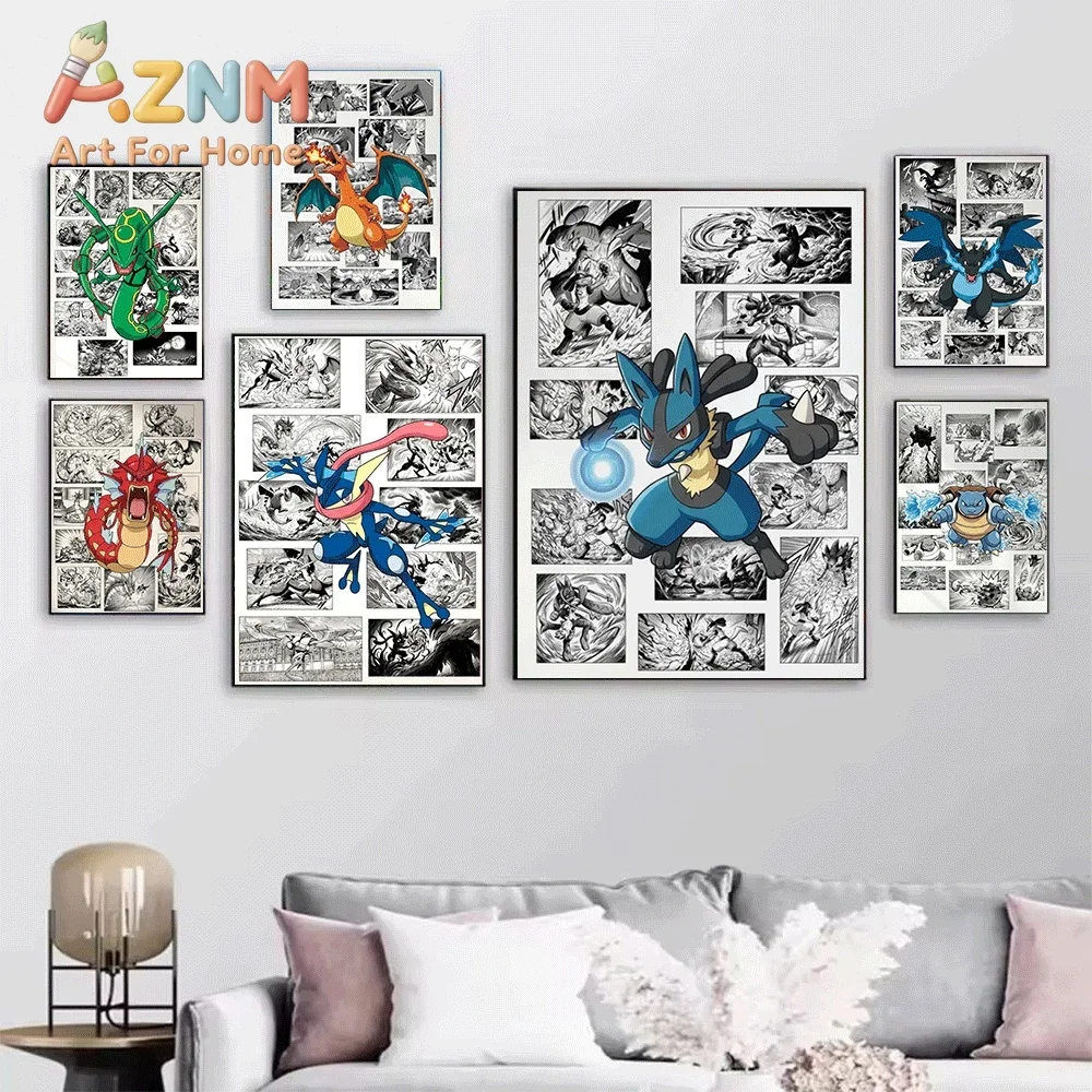 2D Flat Posters & Prints,Mewtwo Manga Panel Style Canvas Wall Art,2D Flat Frameless Anime Monster Print,Home Decor for Kids Be