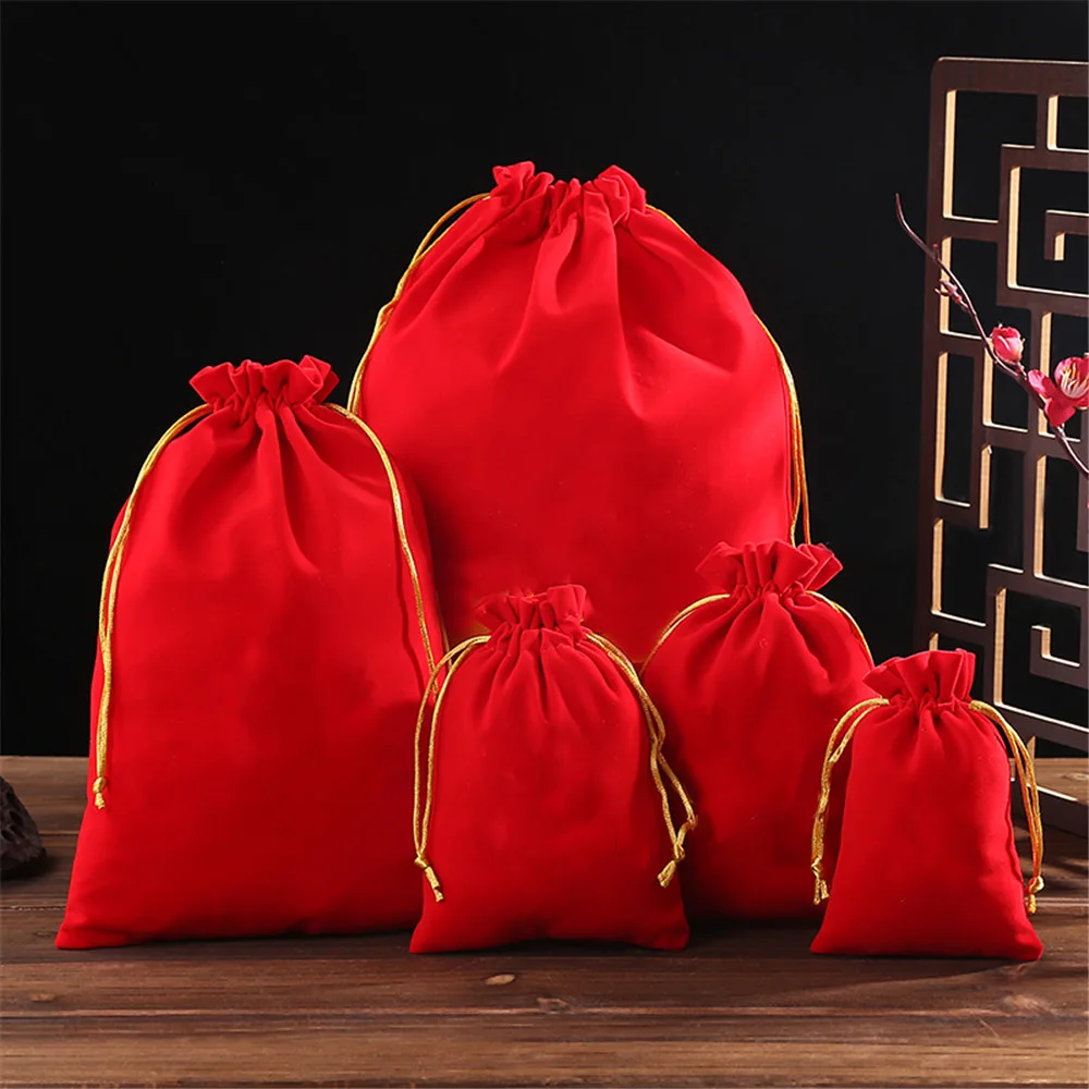 50pcs/lot Red Velvet Jewelry Packaging Bags 10x15/13x18/15x20/20x30cm Drawstring Pouches Gift Storage Bag Custom Logo Print