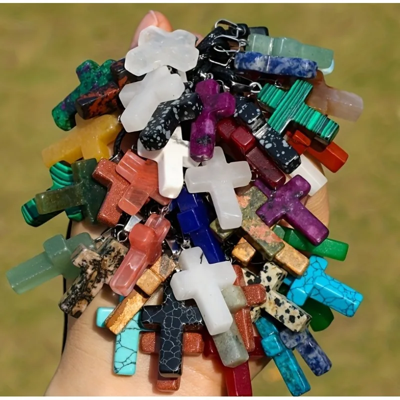 30-piece Natural Stone Cross Pendant Necklace Set, DIY Jewelry Making, Suitable for DIY Necklace Making, Chakra Gemstone Quartz