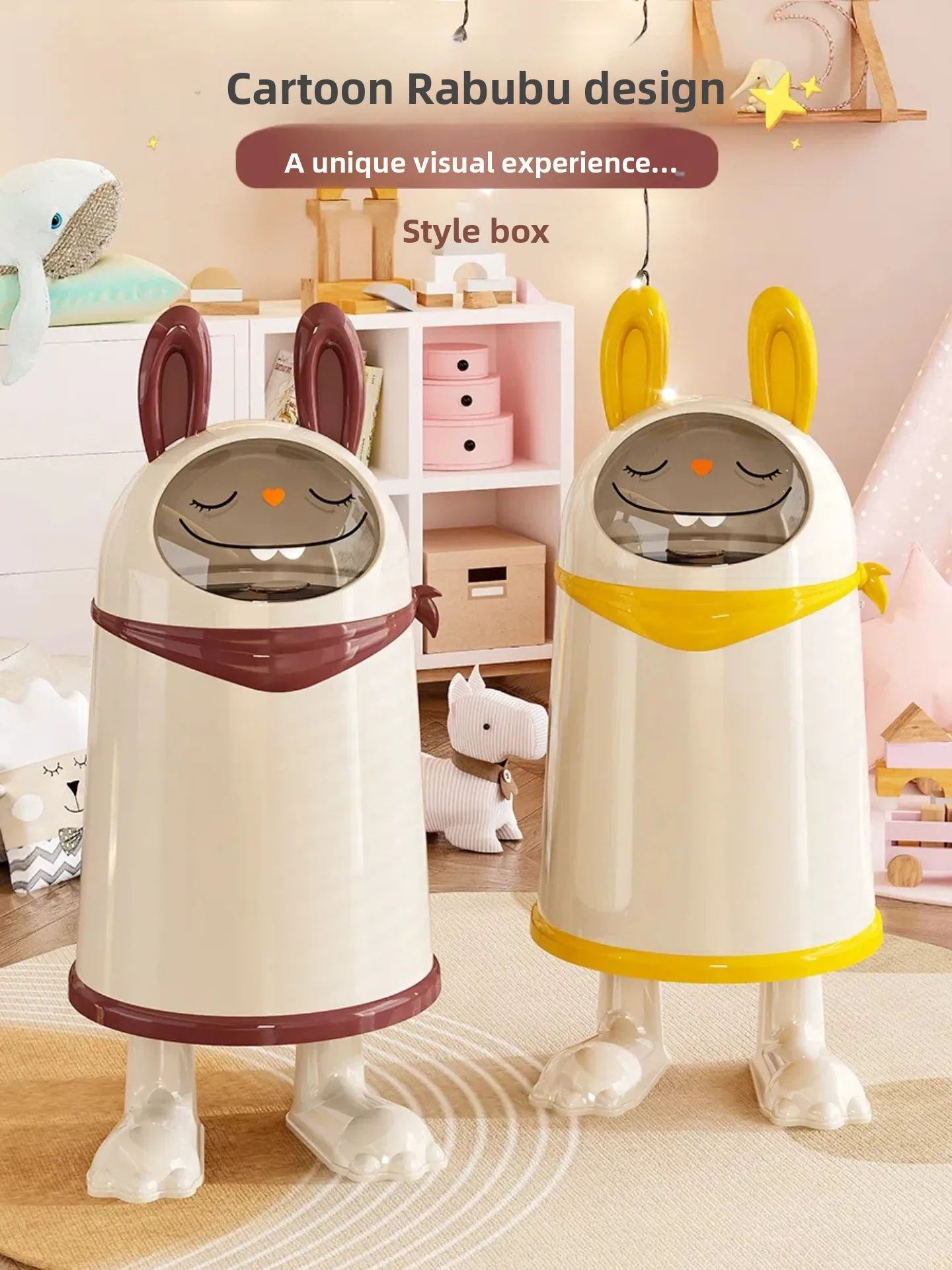 

Милый мусорный бак с ушками кролика для гостиной, спальни, домашнего использования, креативный декоративный контейнер для хранения, с ручным открыванием крышки, из полипропилена.