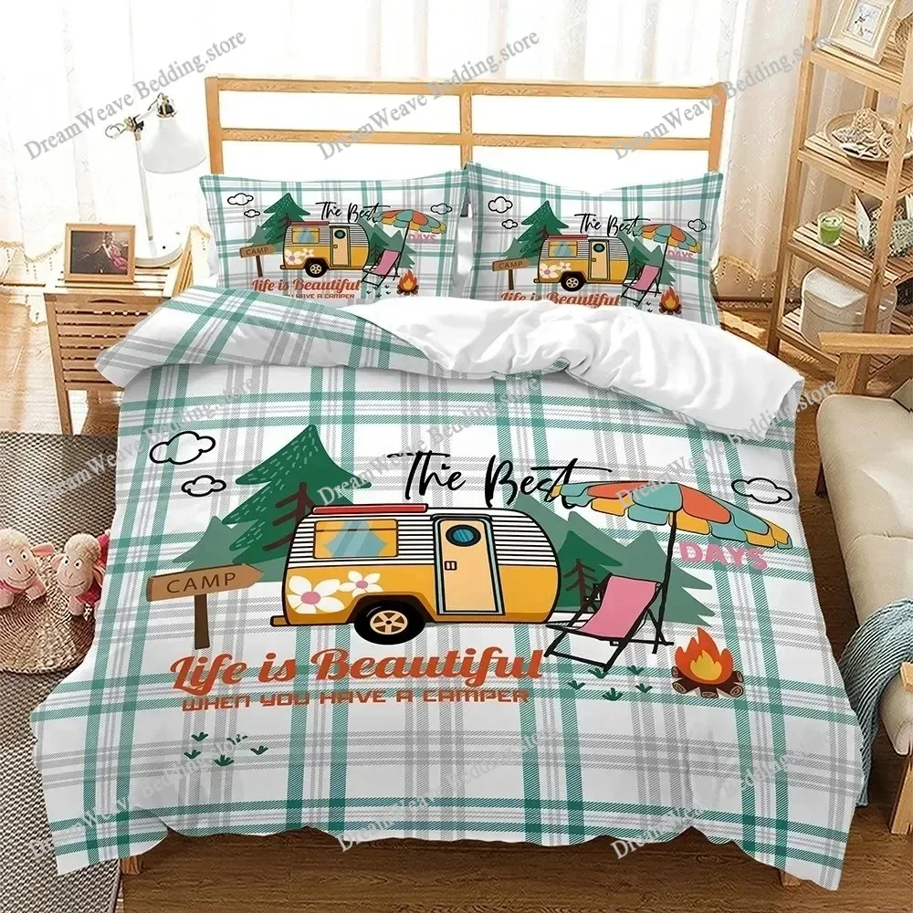 

3D Camper Time Print Bedding Set Camping Car Duvet Cover Travel Theme Cartoon Camping Comforter Cover Full King for Teens Adult