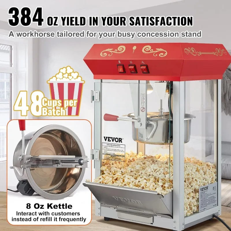 VEVOR Commercial Popcorn Machine, 8 Oz Kettle, 850 W Countertop Popcorn Maker for 48 Cups per Batch, Theater Style Popper with