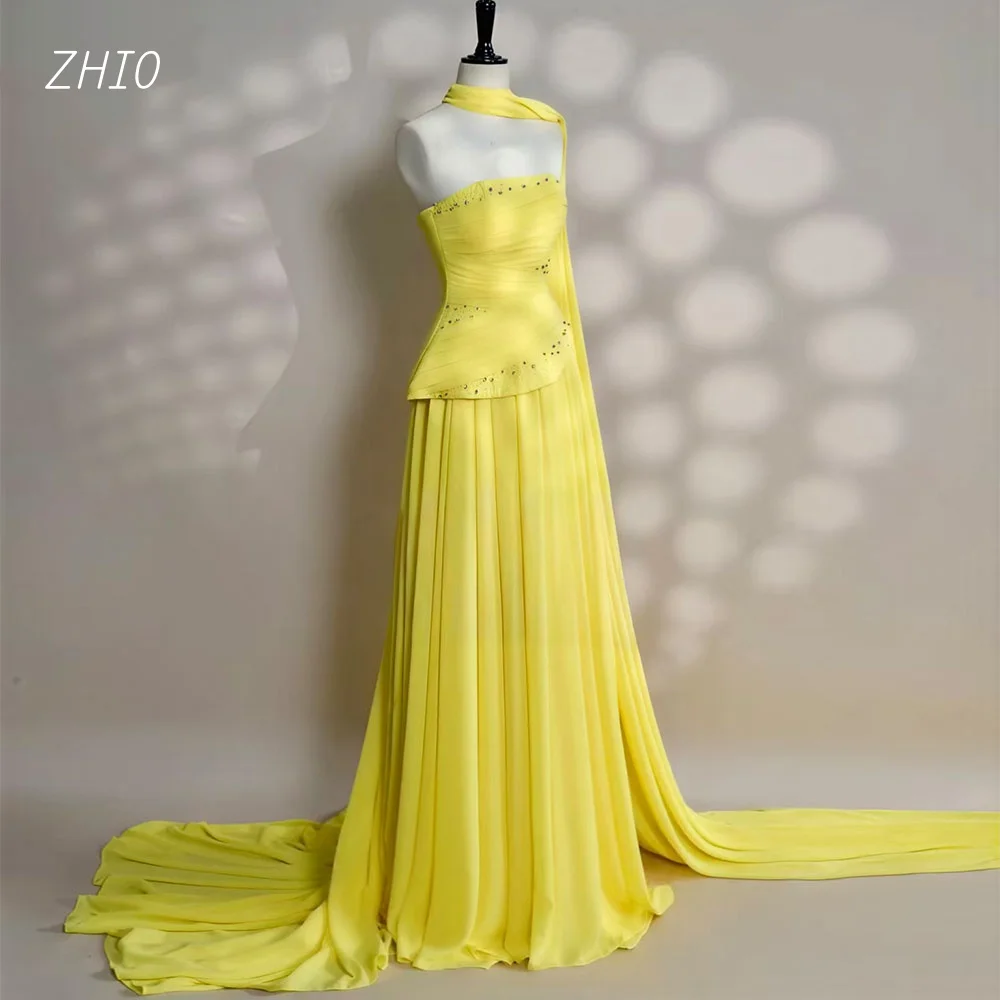 فستان ZHIO أنيق لحفلات الزفاف من الخرز الأصفر بدون حمالات مع وشاح متدرج سويب تراين فساتين الاحتفال ثوب مسائي مخصص