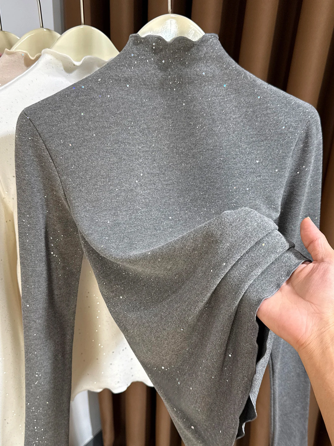 

Shantui Women's Long Sleeve T-Shirt Half High Collar Sequin Wooden Base Shirt Stylish Autumn Winter Fashion Inner Wear
