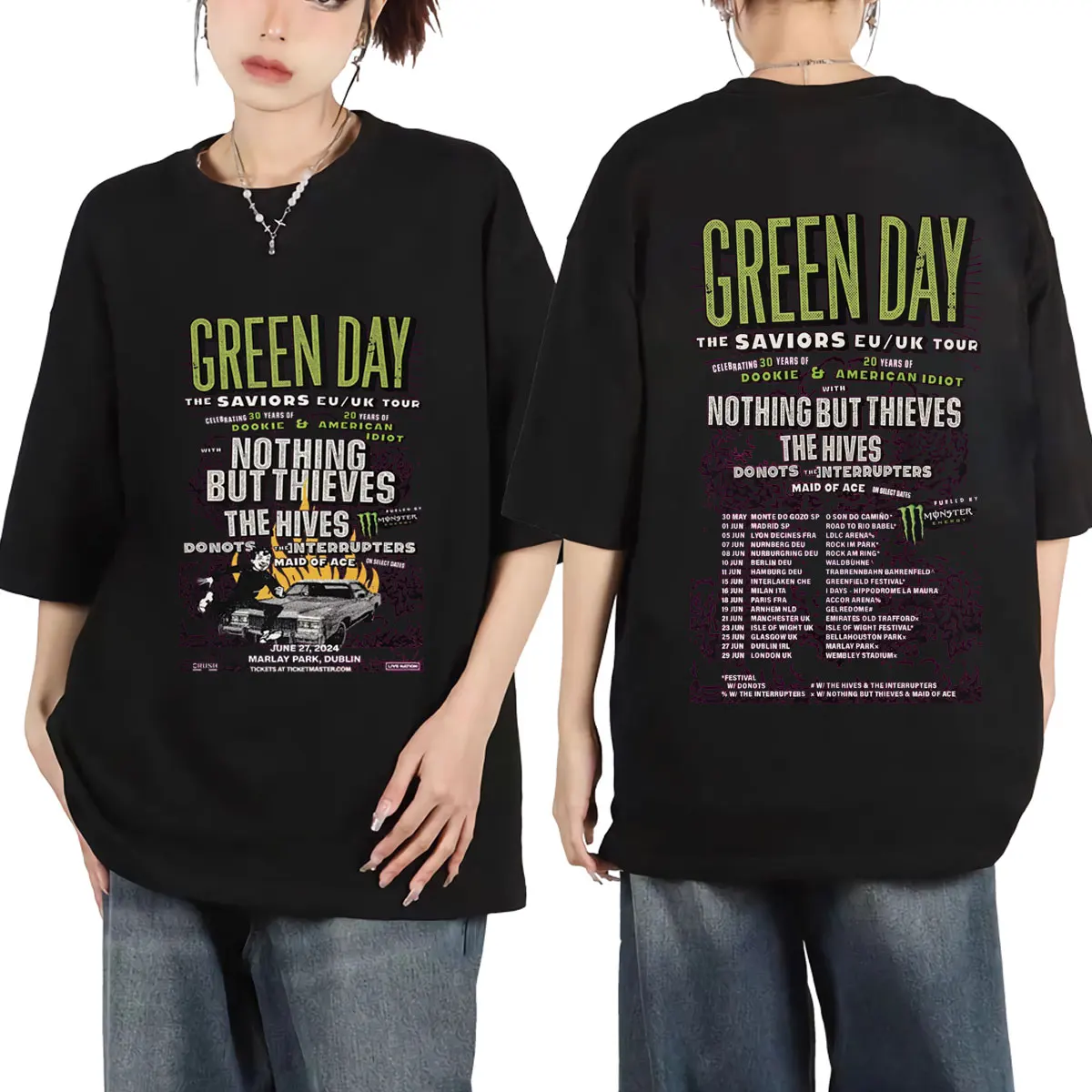 Rock Band Green Day The Saviors 2024 Tour Poster Graphic T Shirts Unisex Hip Hop Vintage T-shirt Street Fashion Trend T-shirts