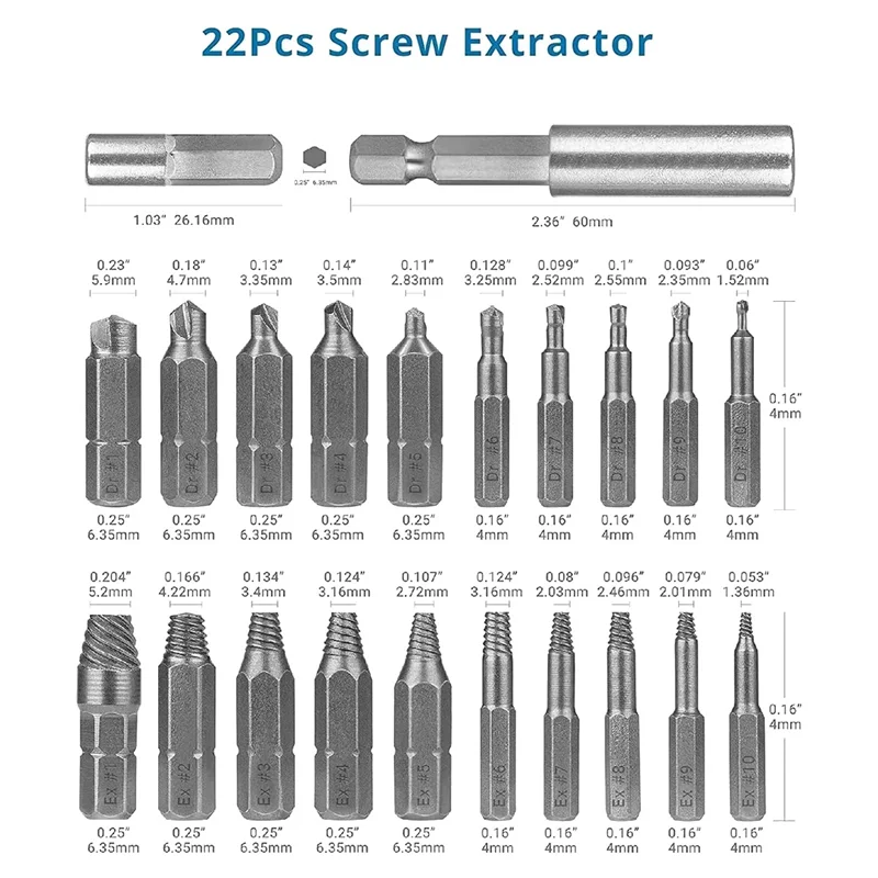 ABRW-22 ピース破損したネジ抽出キット、簡単に取り外せる剥がれたネジ抽出キット、H.S.S.製 4341、硬度62-63Hrc