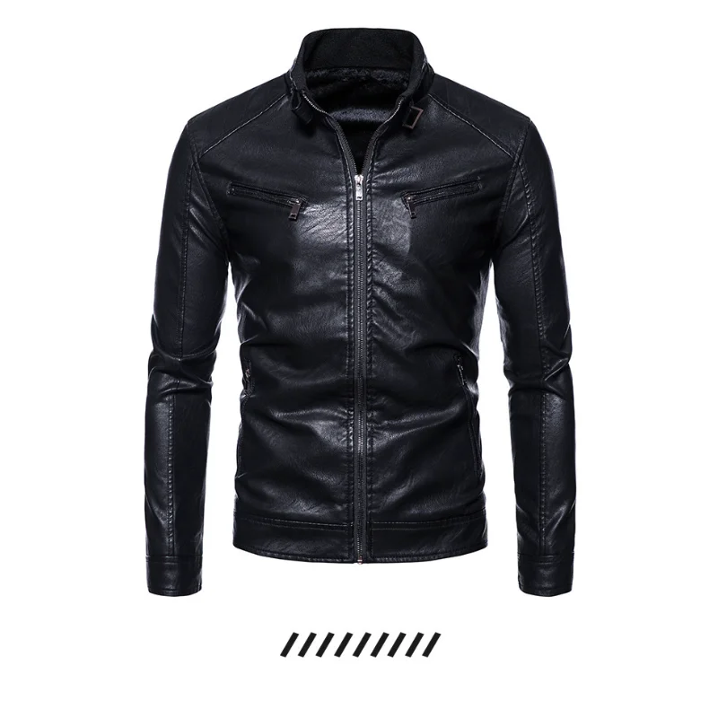 Модная молодежная повседневная кожаная куртка с воротником-стойкой и боковым швом с прямым подолом на молнии