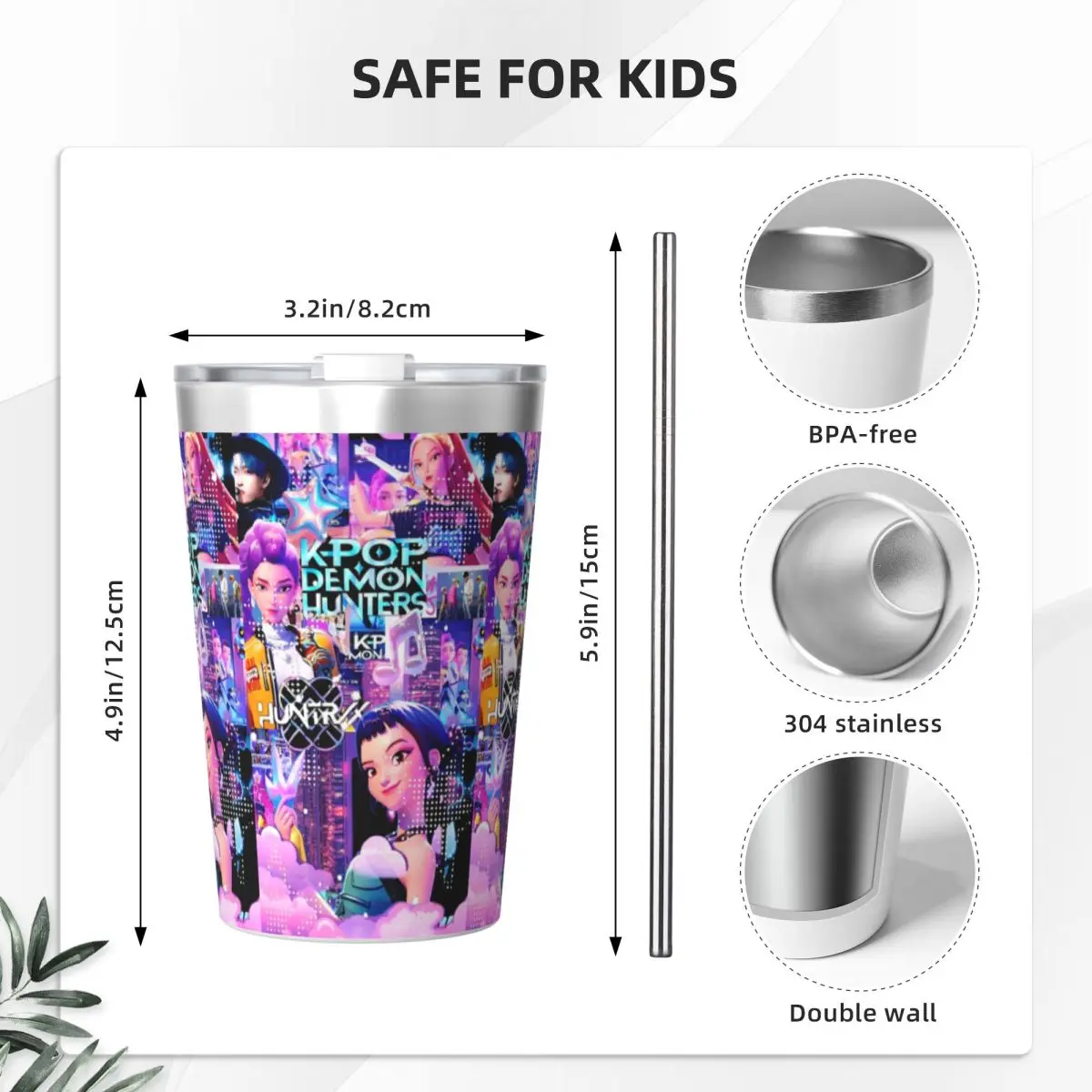 Kpop Demon Hunters Huntrix Tumbler 12 once per bambini Tazza isolata sottovuoto a doppia parete in acciaio inossidabile con cannuccia per caldo freddo