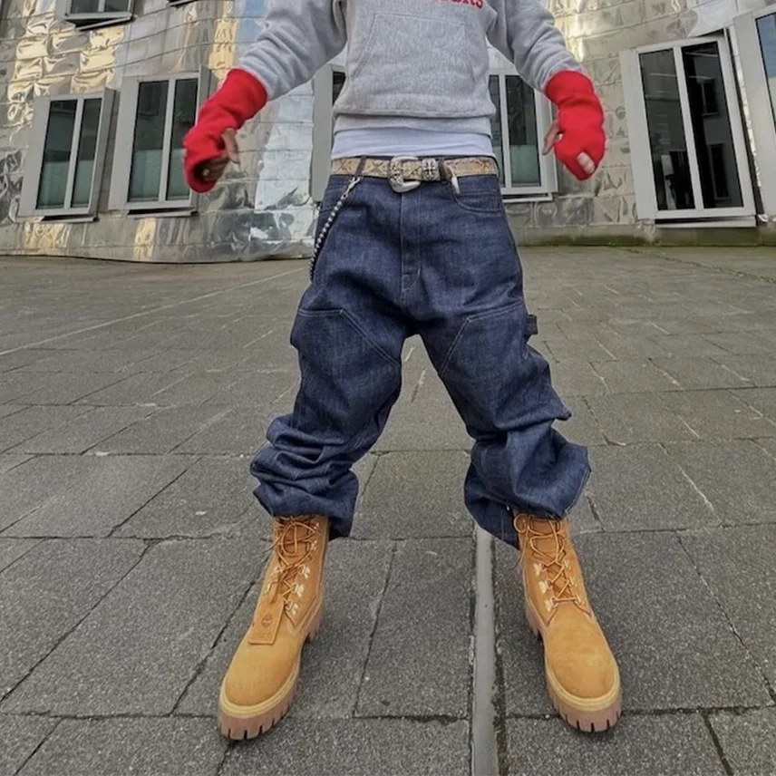 ハイストリートオリジナルカラーワイドレッグブルーバギージーンズ メンズ ストレートルーズポケットカジュアルデニムパンツ オーバーサイズカーゴトラウザーズ