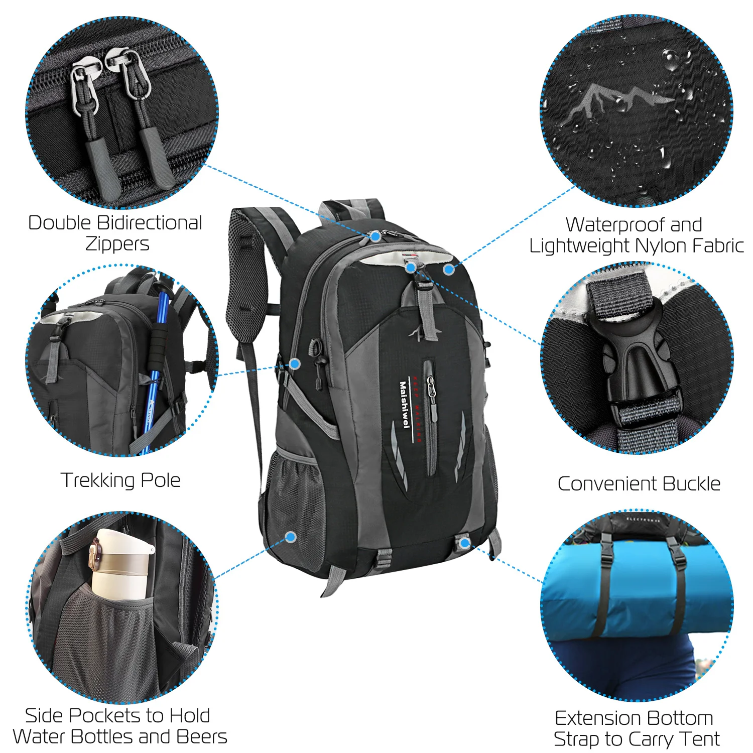 36L Waterproof Pockets Backpack Travel for Camping Hiking Daypack with Multiple Compartments Nylon Backpack