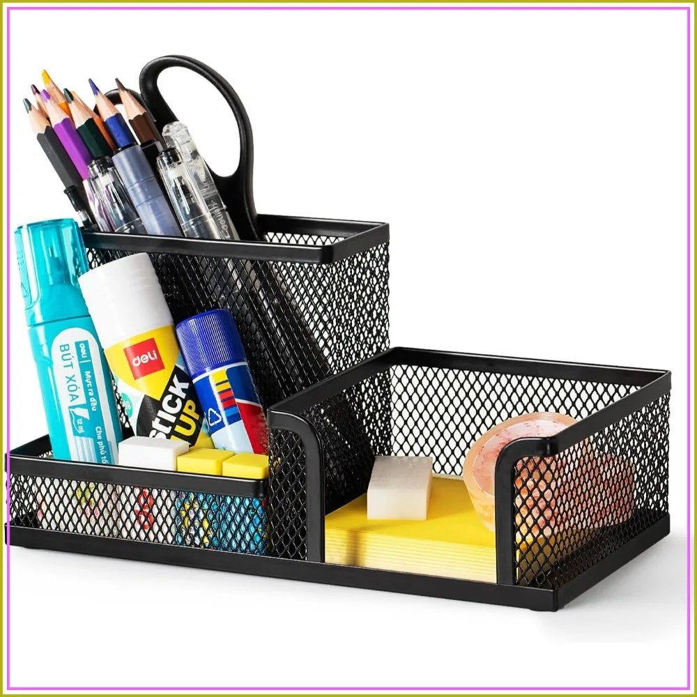 

3-Compartment Mesh Desk Organizer with Pencil Holder, Black - Keep Desktop Neat
