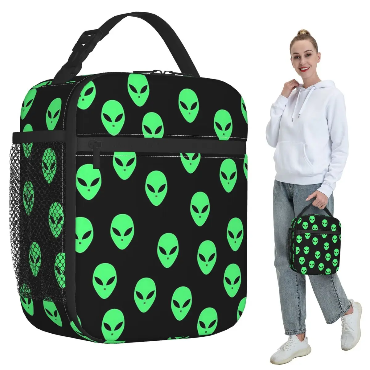 Green Alien Spaceship Pattern Insulated Lunch Bag for Kids School Cooler Thermal Food Box Tote Portable Lunch Boxes Container