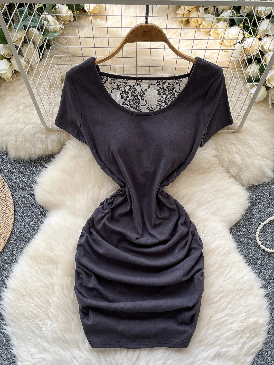 Foamlina todos os dias sexy manga curta camiseta vestido feminino verão plissado apertado renda retalhos sem costas vestido inferior casual