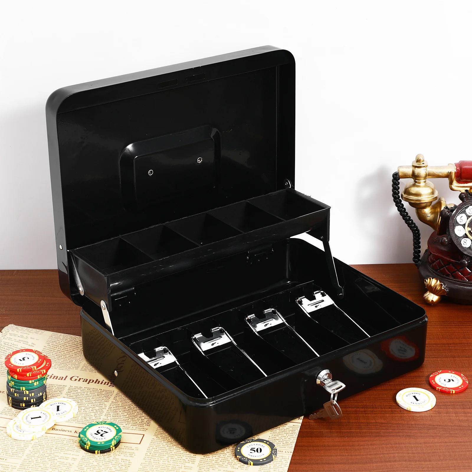 

1 set Metal Register Divided Trays Small Lock Box Secure Key Lock for Small Business Iron DrawerLarge Cash Registers Cash Box