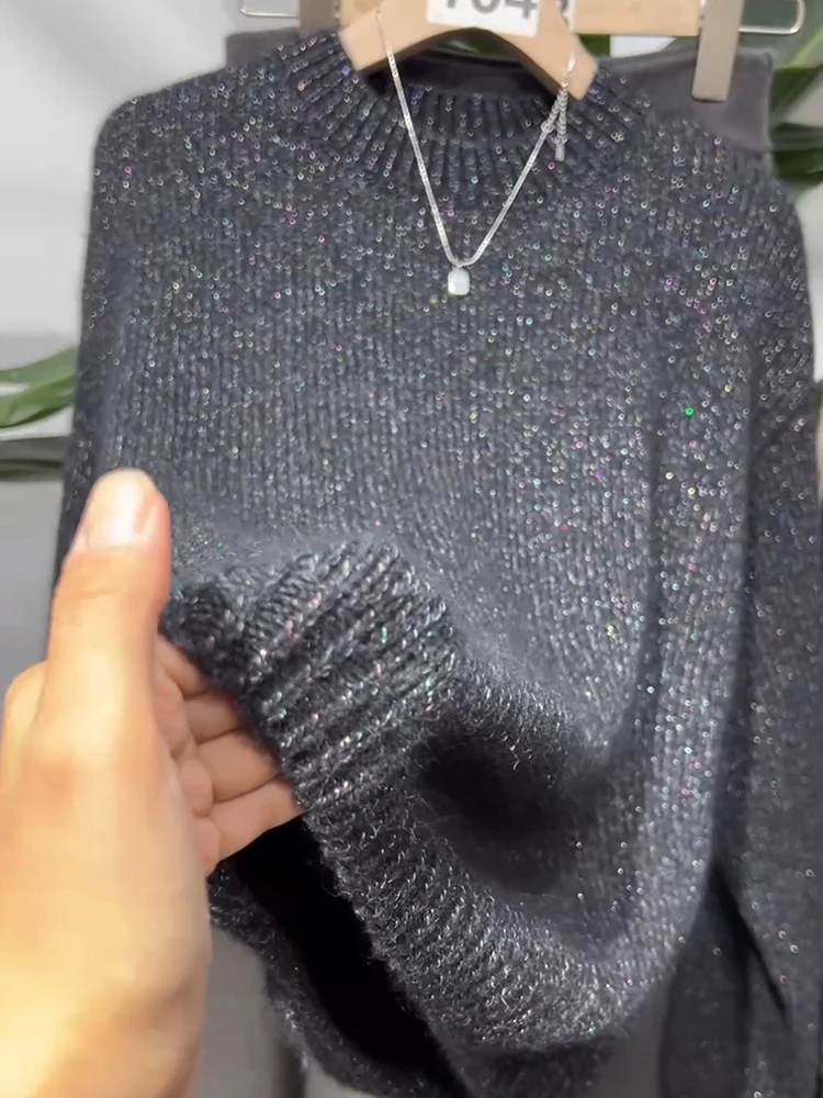 

Ele ey, круглый вязаный свитер Ne Long Sve с блестками, женский свободный топ, модное осеннее новое поступление, корейский свитер для поездок на работу
