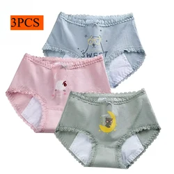 3PCS Cotton Menstrual Underwear for Women Leakproof Period Panties High Waisted Soft Absorbent Briefs with Cute Cartoon Pattern