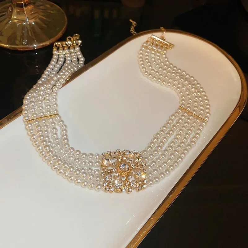 Multi-layer Pearl Choker Necklaces for Women Retro Neckchain Court Fashion Collares Jewelry