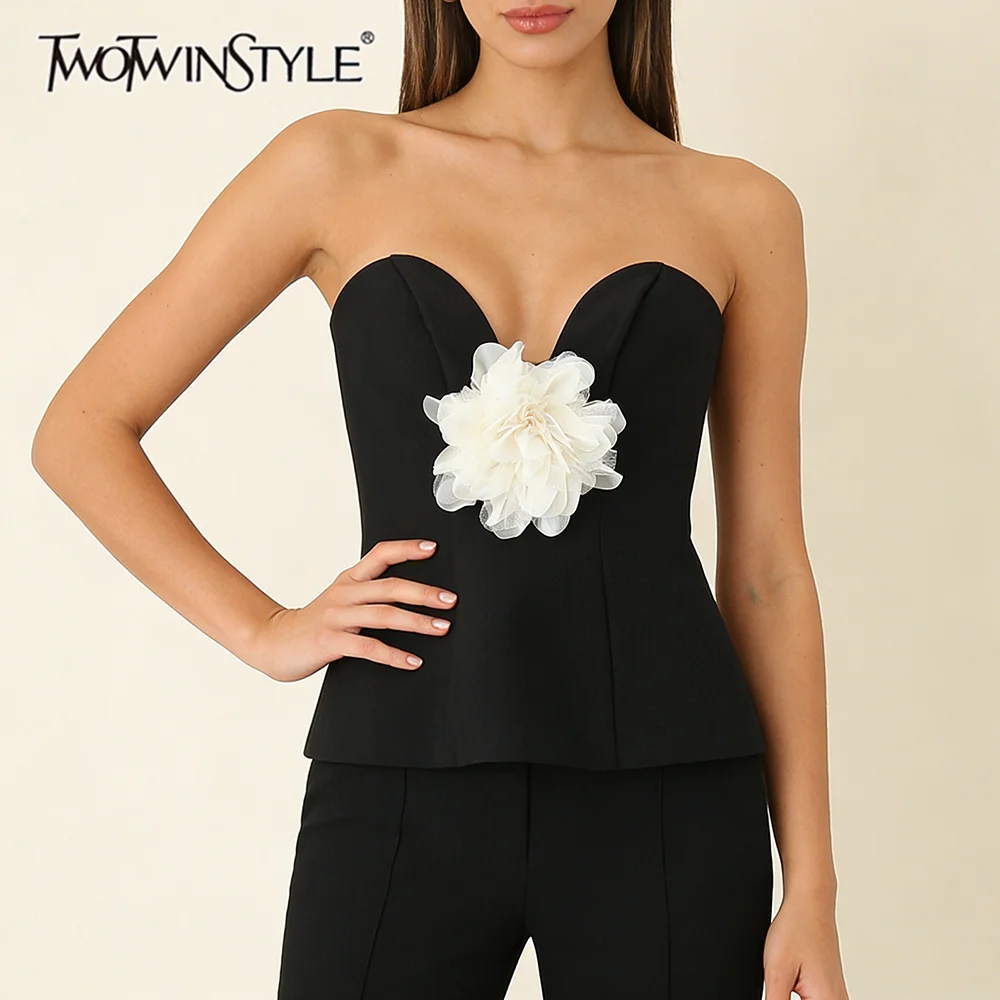 TWOTWINSTYLE Hit Color Spliced Mesh Appliques Office Tank Top for Women Strapless Sleeveless Patchwork Side Zipper Vest Female