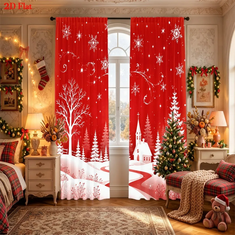 2PCS Christmas Curtains, Red Snow Scene Church Pine Forest Path, Digital Print, Bedroom Living Room, Rod Pocket, Home Decor