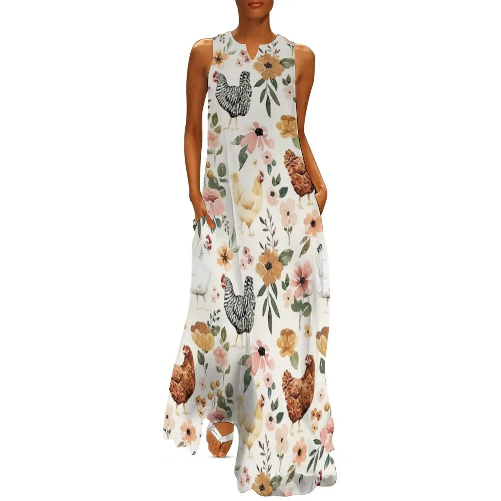 

Watercolor Chicken Floral, Charlotte Floral Collection Long Dress beach outfits for women women clothes