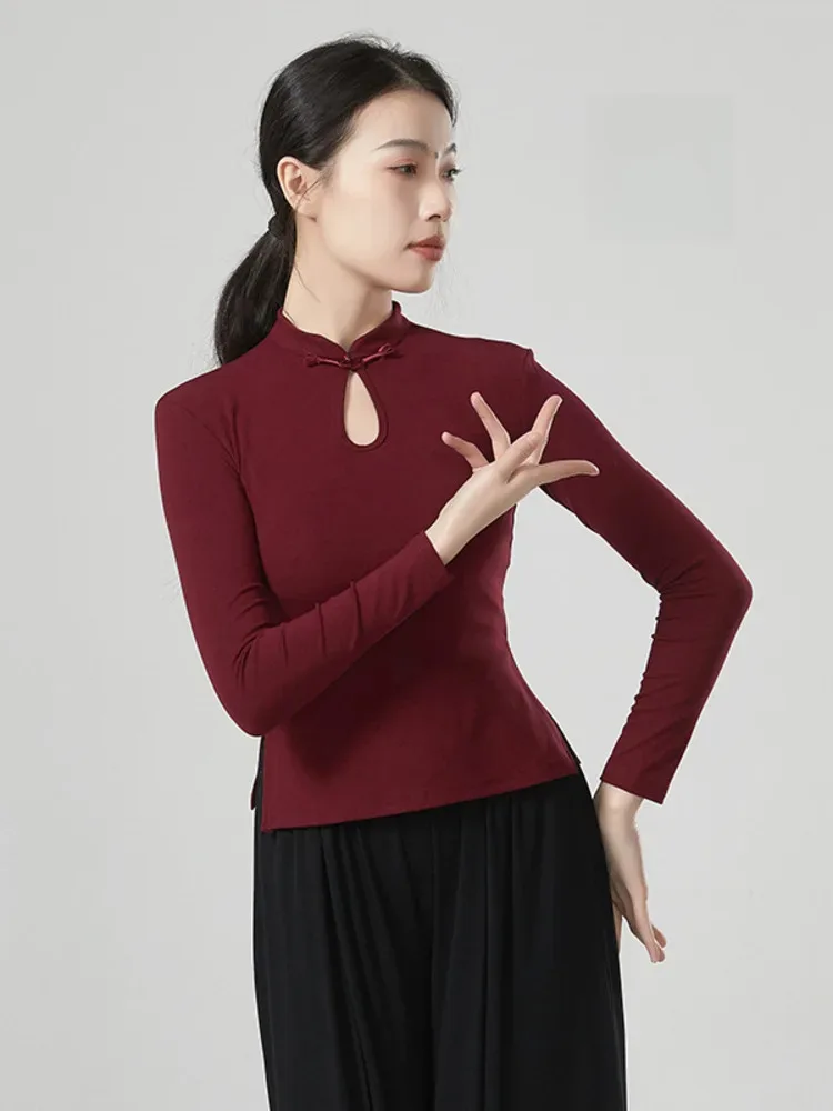 

Сплошной цвет, приталенный танцевальный топ с высоким воротником и длинными рукавами – элегантная эластичная рубашка для современной сцены и тренировочной одежды для женщин