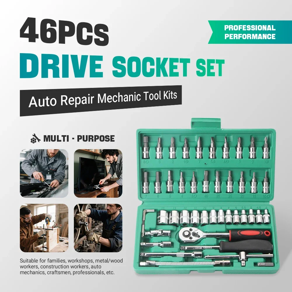 

46pcs 1/4-inch Ratchet Wrench Kit With Multi-size Bit And Sleeve For Different Vehicles/Motorcycles And Mechanical Maintenance
