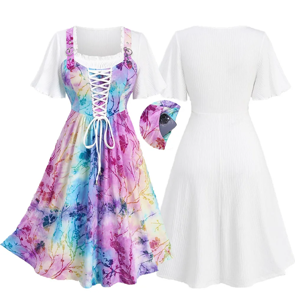 ROSEGAL Plus Size Dresses Vestidos Women Spring Summer Short Sleeve Casual Lace Up Tie Dye Ruffles Pockets Ribbed Textured Dress