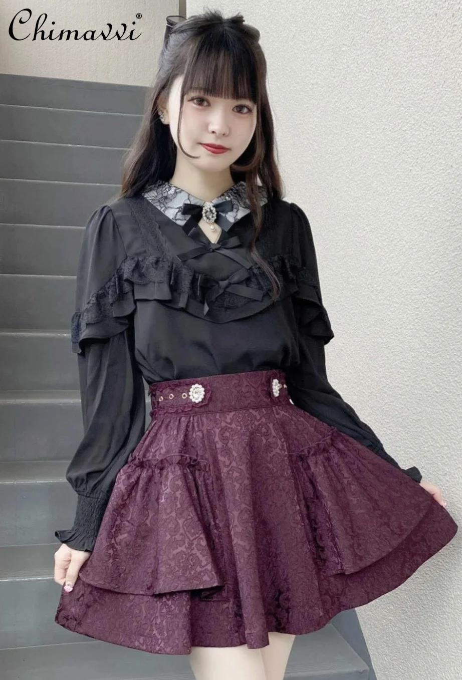 Rojita Skirt Mine Mass-Produced High Waisted Rhinestone Button Jacquard Black Skirts Autumn Women's Pleated A- Line Mini Skirt