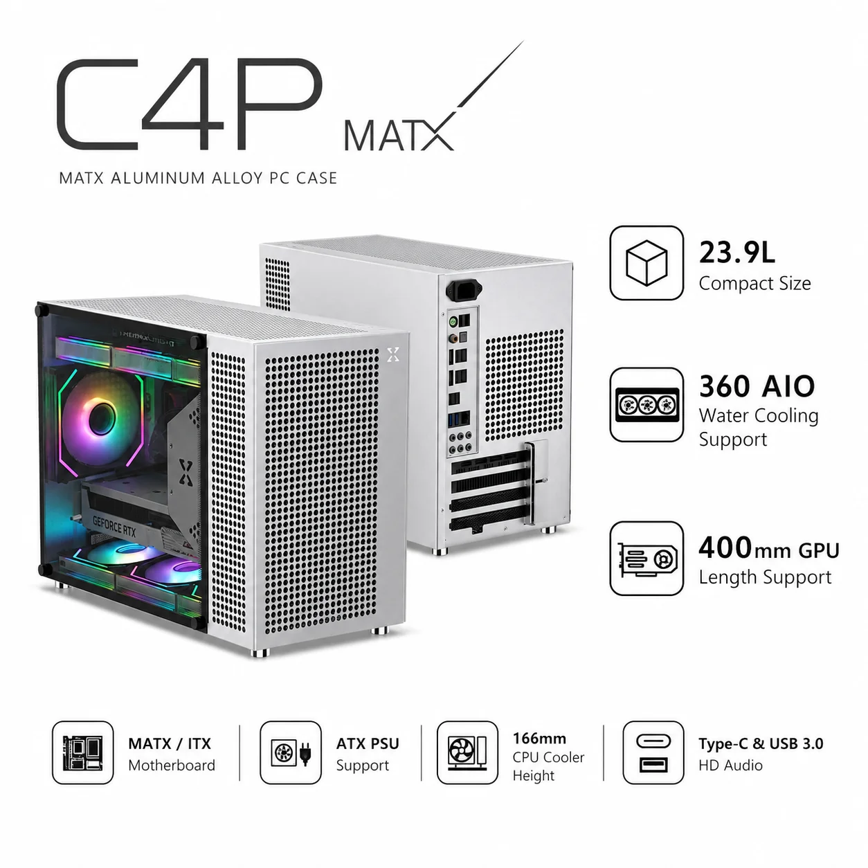 

C4P MATX Computer Case Aluminum Alloy PC Chassis Support 360mm AIO ATX PSU Long GPU ITX Micro ATX Gaming Case