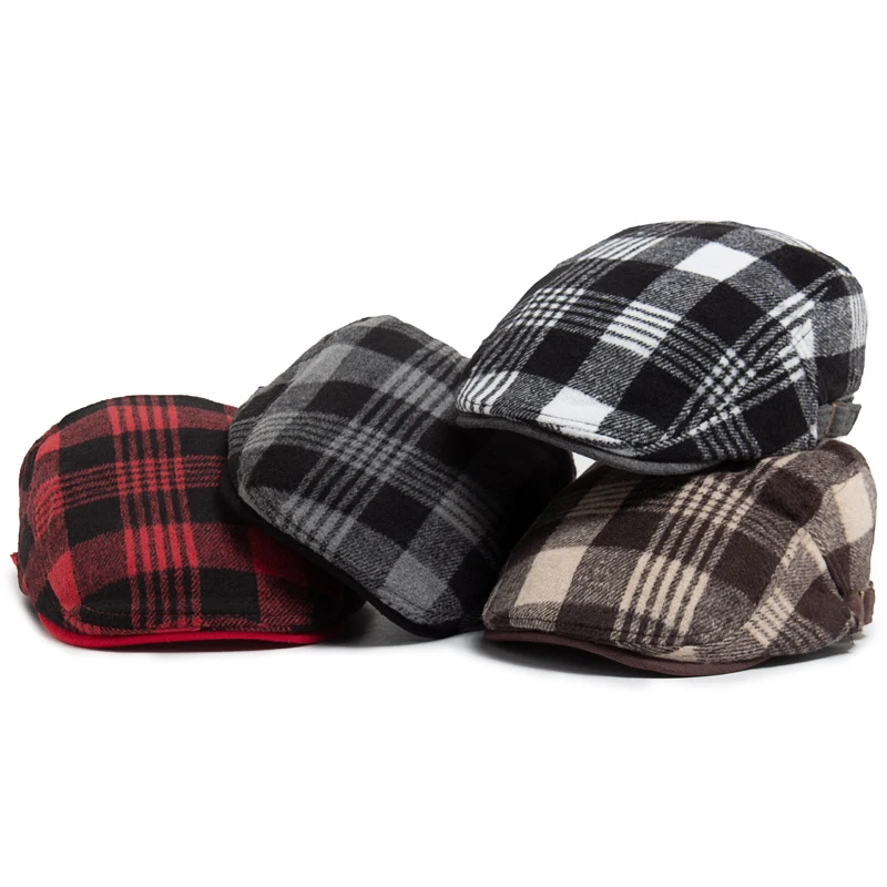 Fashion Cotton Plaid Berets Hat For Men Vintage Newsboy Cap Autumn Casual Beret Women Winter Thick Warm Men's Flat Cap Unisex