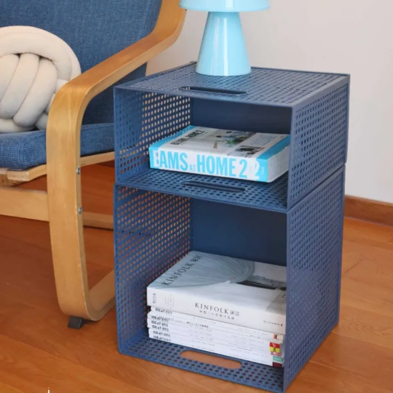 MOMO Bedside Table Simple Modern Side Table Combination Storage Basket Shelf Bedroom Blue Metal Hole Plate