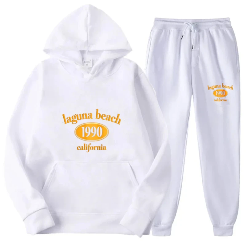 طقم هوديي سويت شيرت نسائي مطبوع باللون الأبيض وملابس ركض كاجوال مريحة للمنزل والارتداء اليومي