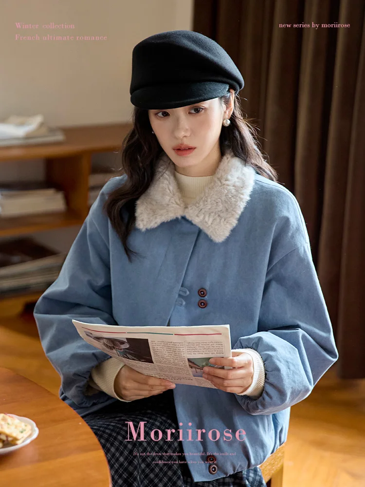 

Moriirose Blue Contrast Color Collar Cotton Jaet Women's Winter Loose Thi ort Commute Outerwear Floral Patterned