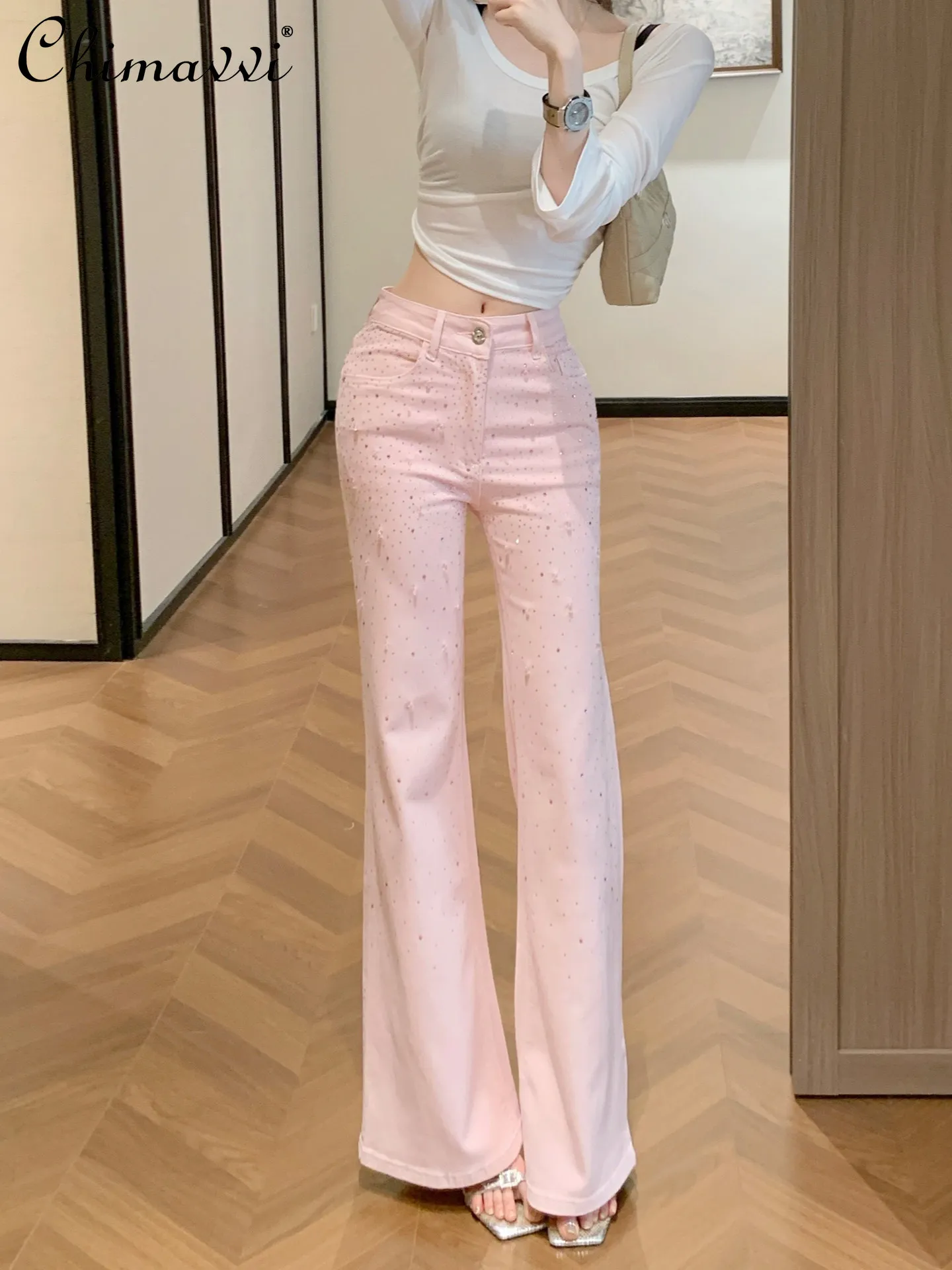

Gypsophila Hot Diamond Denim Bell Bottoms for Women 2026 Spring and Summer New Fashion High Waist Silm European Long Pants