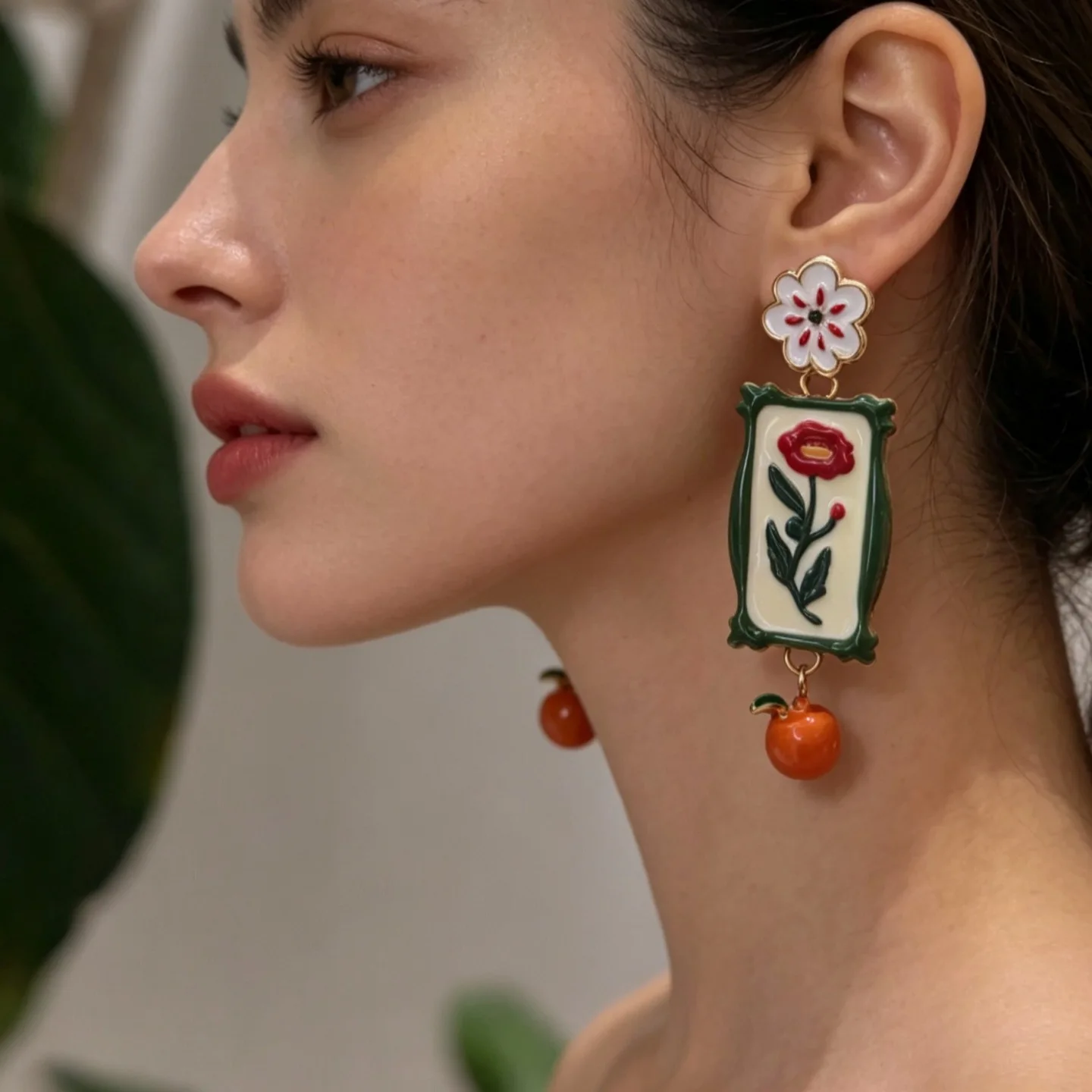 French retro photo frame flower earrings oil painting Monet garden three-dimensional pendant earrings medieval court style stud