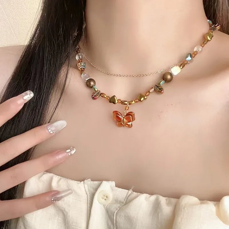 Ethnic Style Retro Butterfly Pendant Necklace Geometric Bead Clavicle Sweater Chain Jewelry