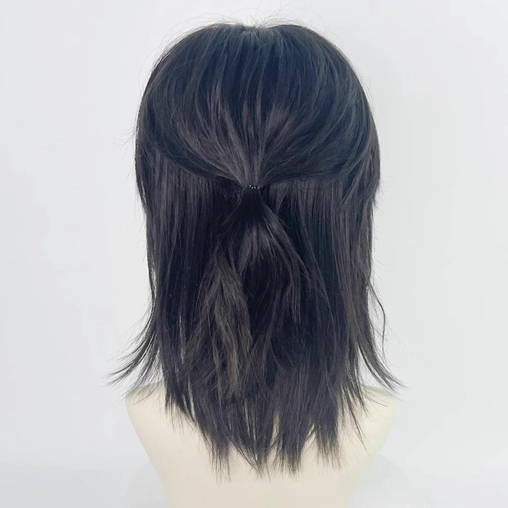 Wig kepala Mullet pendek sintetis 20 inci dengan poni Lurus Anime pria Wig rambut hitam alami untuk pesta harian Cosplay