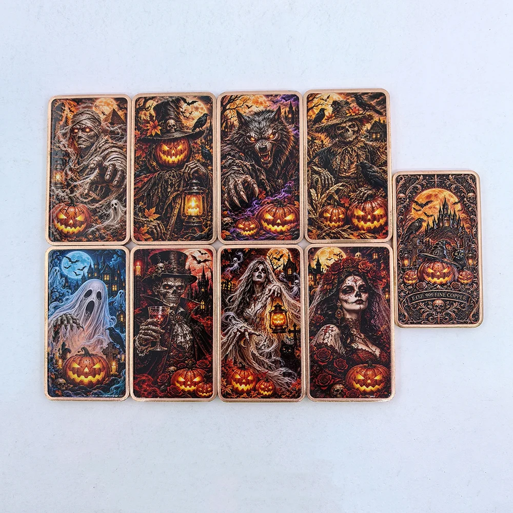 1 OZ .999 Fine Copper Halloween Theme Commemorative Bar Pumpkin Ghost Werewolf Mummy Colorful Metal Collectible Holiday Gift