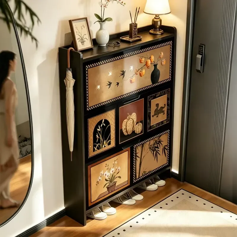 Modern Thin Narrow Shoe Cabinet Integrated Small Organizer Rack Against Wall Shoes Storage Cabinets