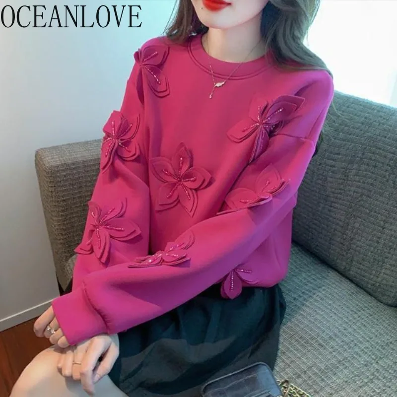 

OCEANLOVE толстовки с цветами, женские топы, корейская мода, весенне-осенние толстовки с круглым вырезом, милые повседневные элегантные Sudaderas Mujer