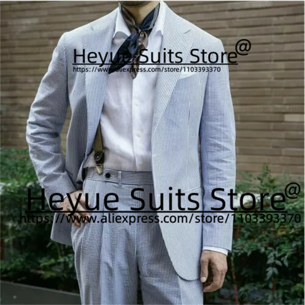 

Sky Blue Casual Stripe 2 Pieces Sets Custome Made Slim Fit Notched Lapel Groom Formal Tuxedos Summer Male Blazers Costume Homme