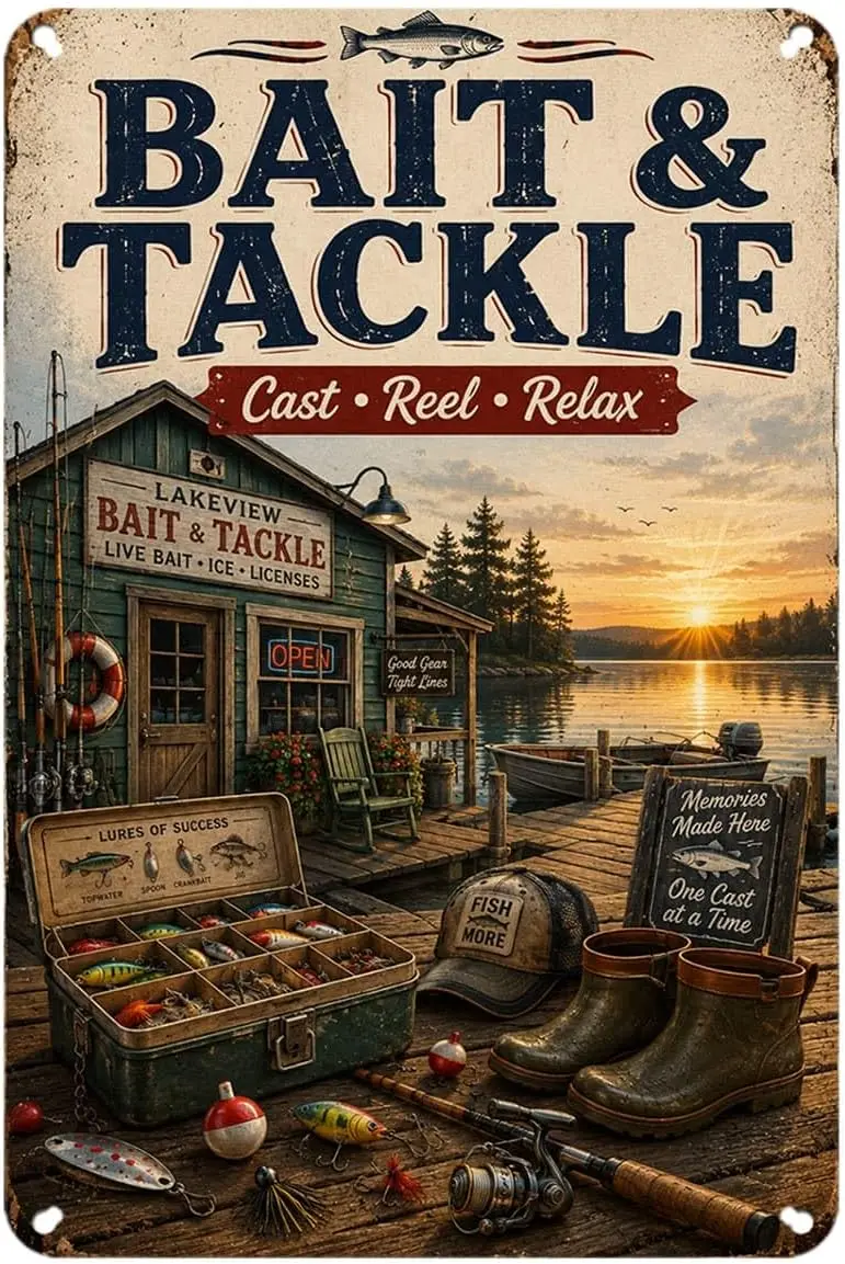 Fishing Bait and Tackle tin Sign, Vintage Lake Fishing Cabin Metal Signs Aesthetic for Home Bedroom Kitchen Bar Garden & Out