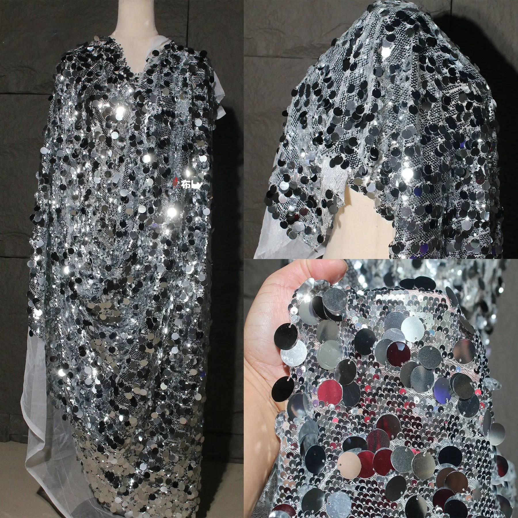 

Silver and white glitter background fabric sequined scales tablecloth wedding room photography clothing design fabric